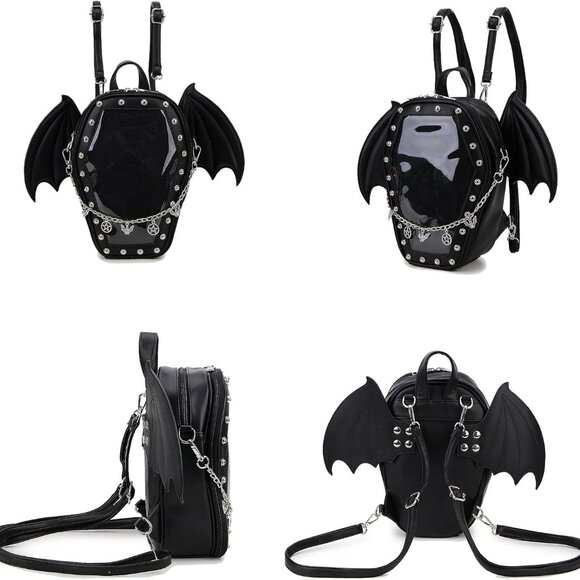 Goth Coffin Backpack with Detachable Bat Wing Halloween Coffin Ita Punk Shoulder - Picture 5 of 14
